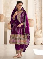 Chinnon Silk Purple Wedding Wear Embroidery Work Readymade Salwar Suit
